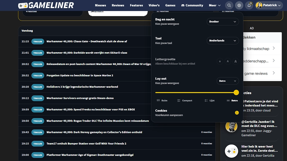 Gameliner instellingen