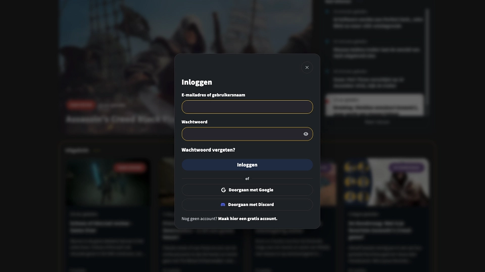 Inloggen op gameliner met Discord en Google
